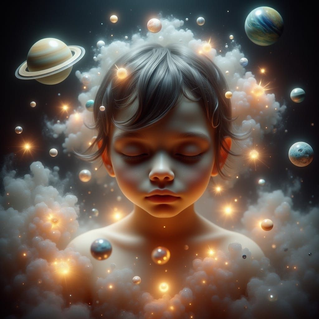 Serene Child Amidst Celestial Bodies in a Dreamlike State