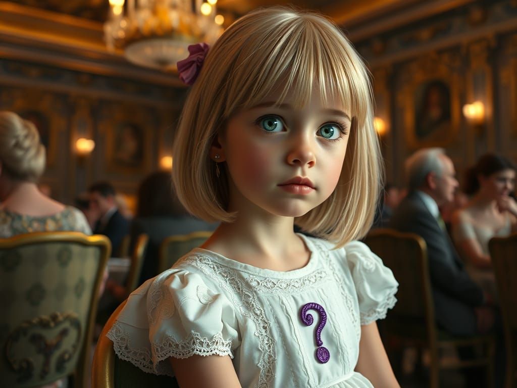 Whimsical Girl Lost in Grand Ballroom Elegance