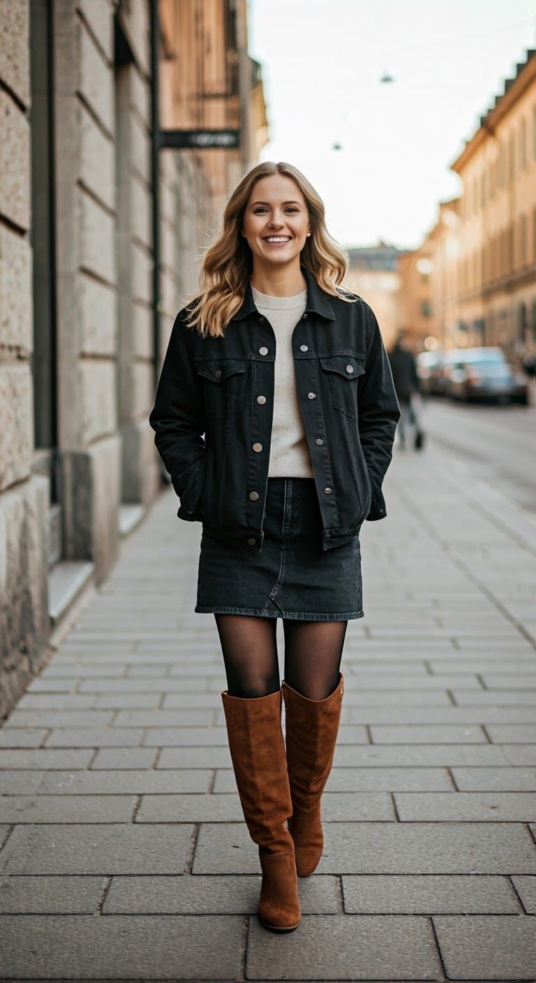 Swedish woman in casual wear and knee-high boots
