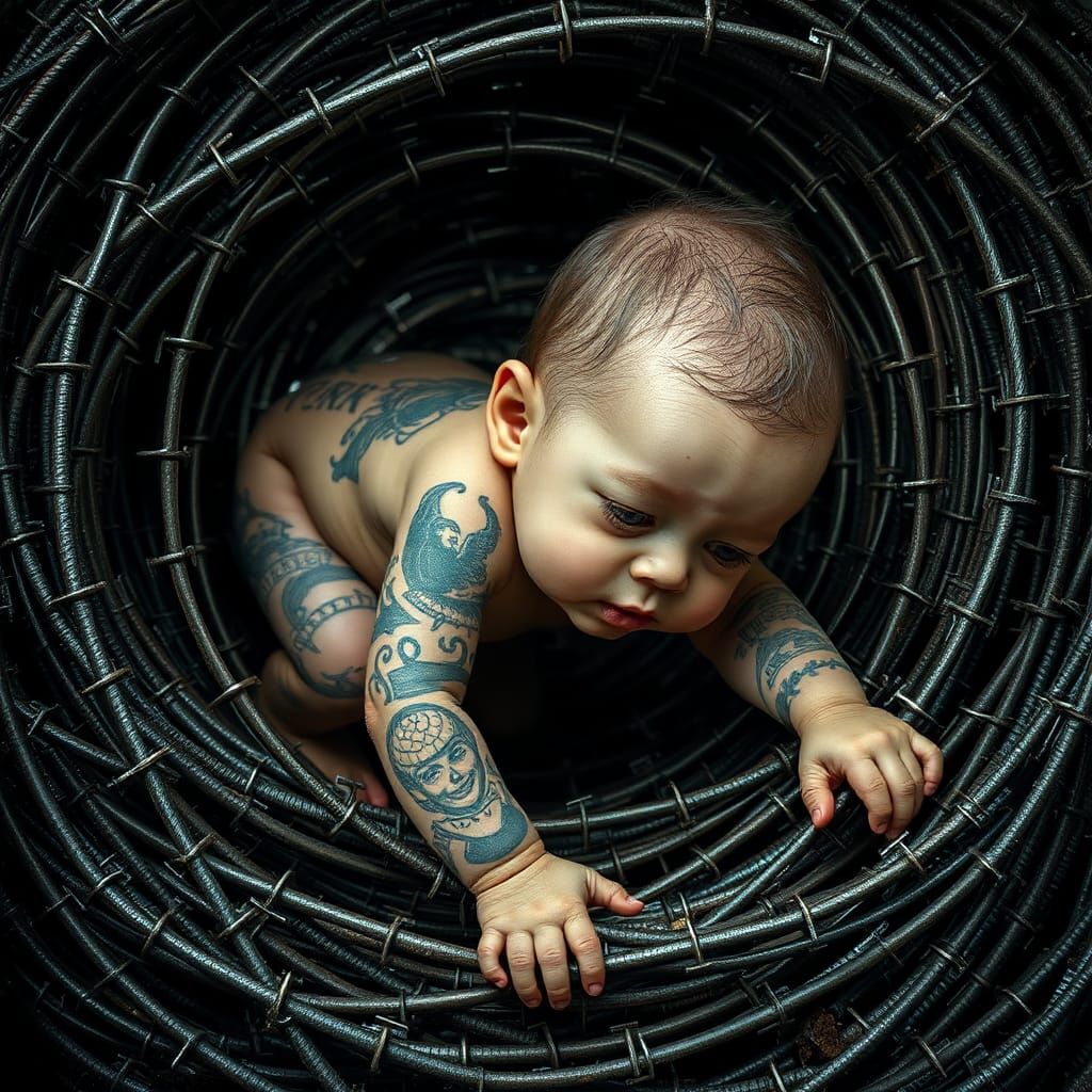 Surreal Dieselpunk Baby Crawling Through Razor Wire