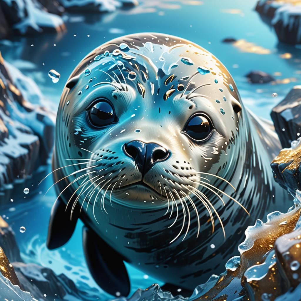 Majestic Seal in Icy Landscape, Anime-Inspired Hyperrealism