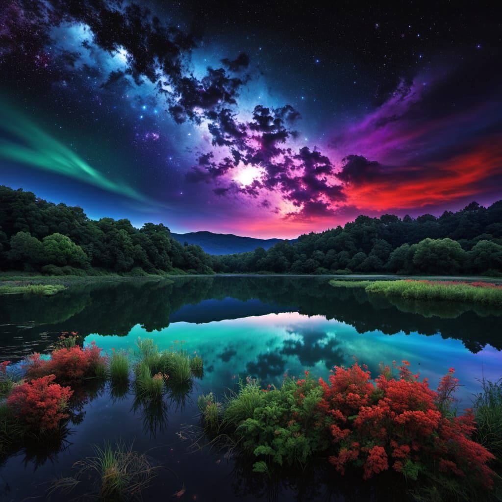 Galaxy Sky Over Alien Lake With Night Reflections