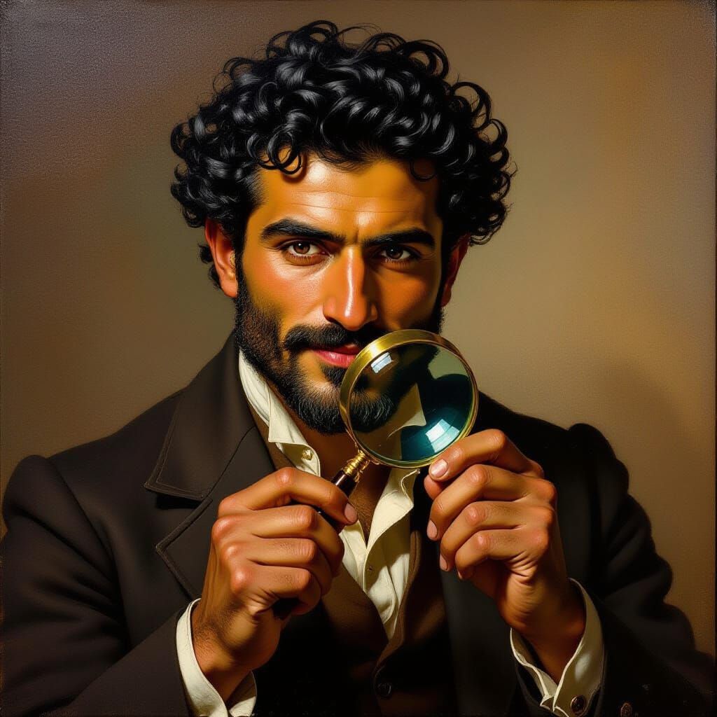 Mr. Kelada Examines Object with Magnifying Glass, Oil Painti...