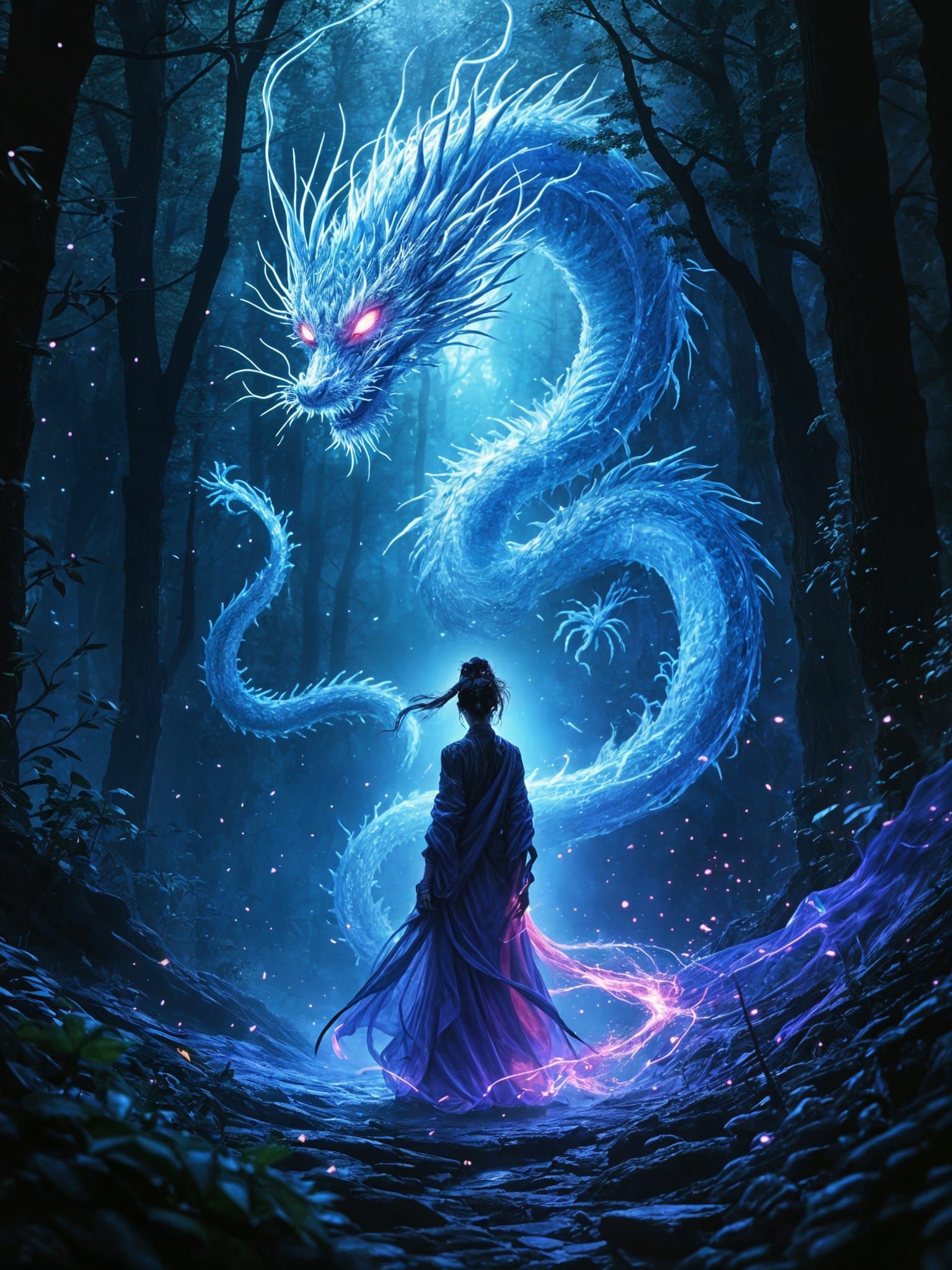 Bioluminescent Woman and Dragon in Psychedelic Forest