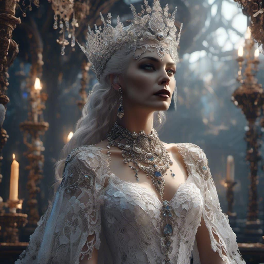 Hyperreal Portrait of Morticia Addams in Matte Painting Styl...