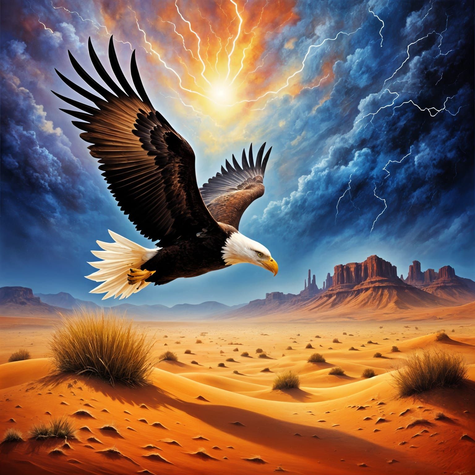 Bald Eagle Soaring Through Storm in Expressionist Style