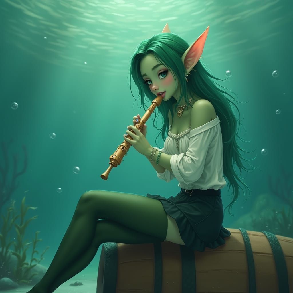 Mint Haired Sea Elf with Coral Flute