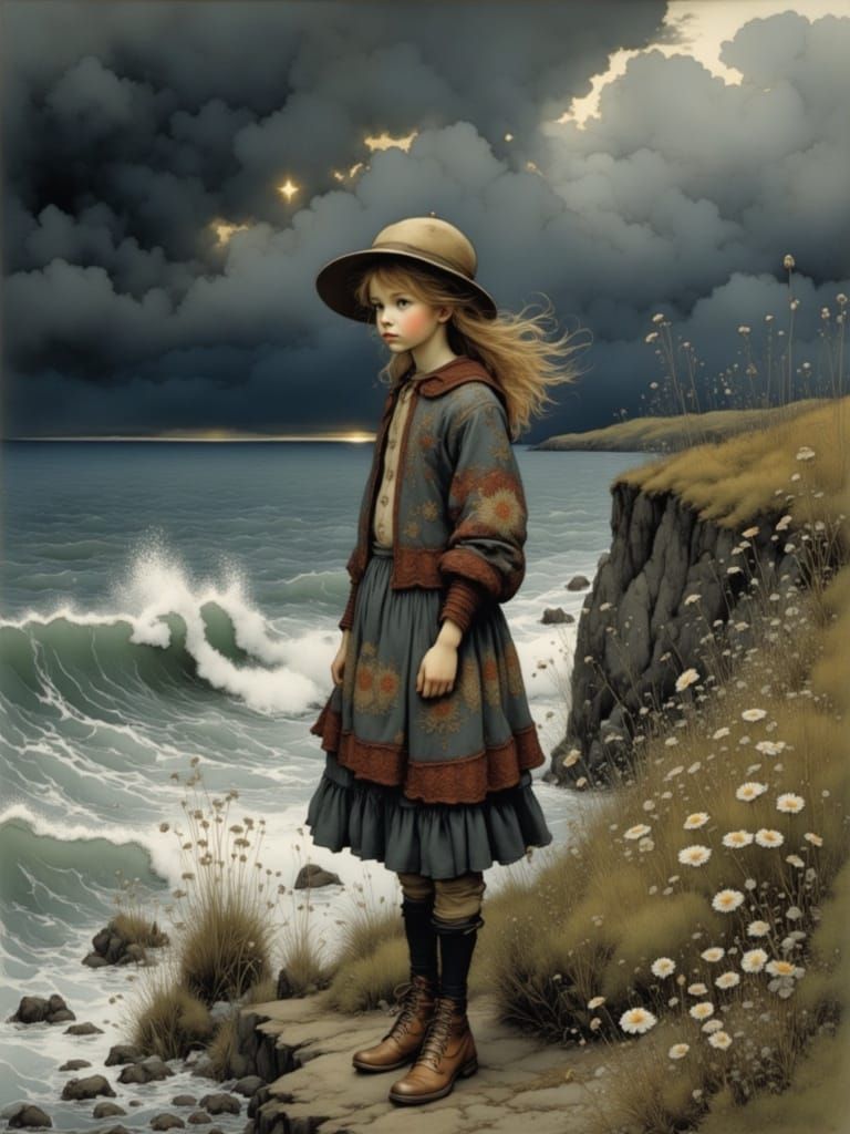 A Young Girl Contemplates the Turbulent Sea in a Stormy Even...