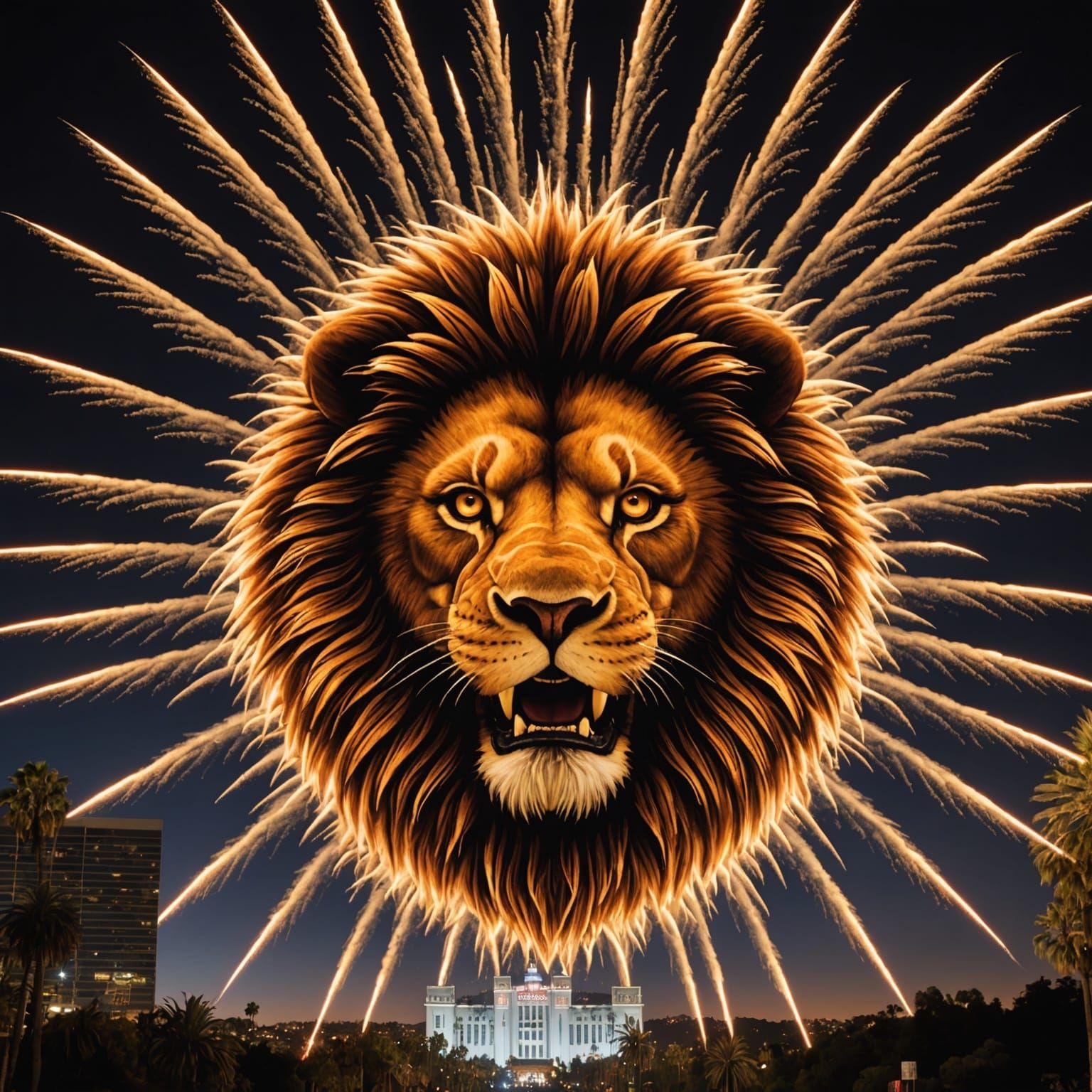 Lion Face Fireworks Exploding Over Hollywood