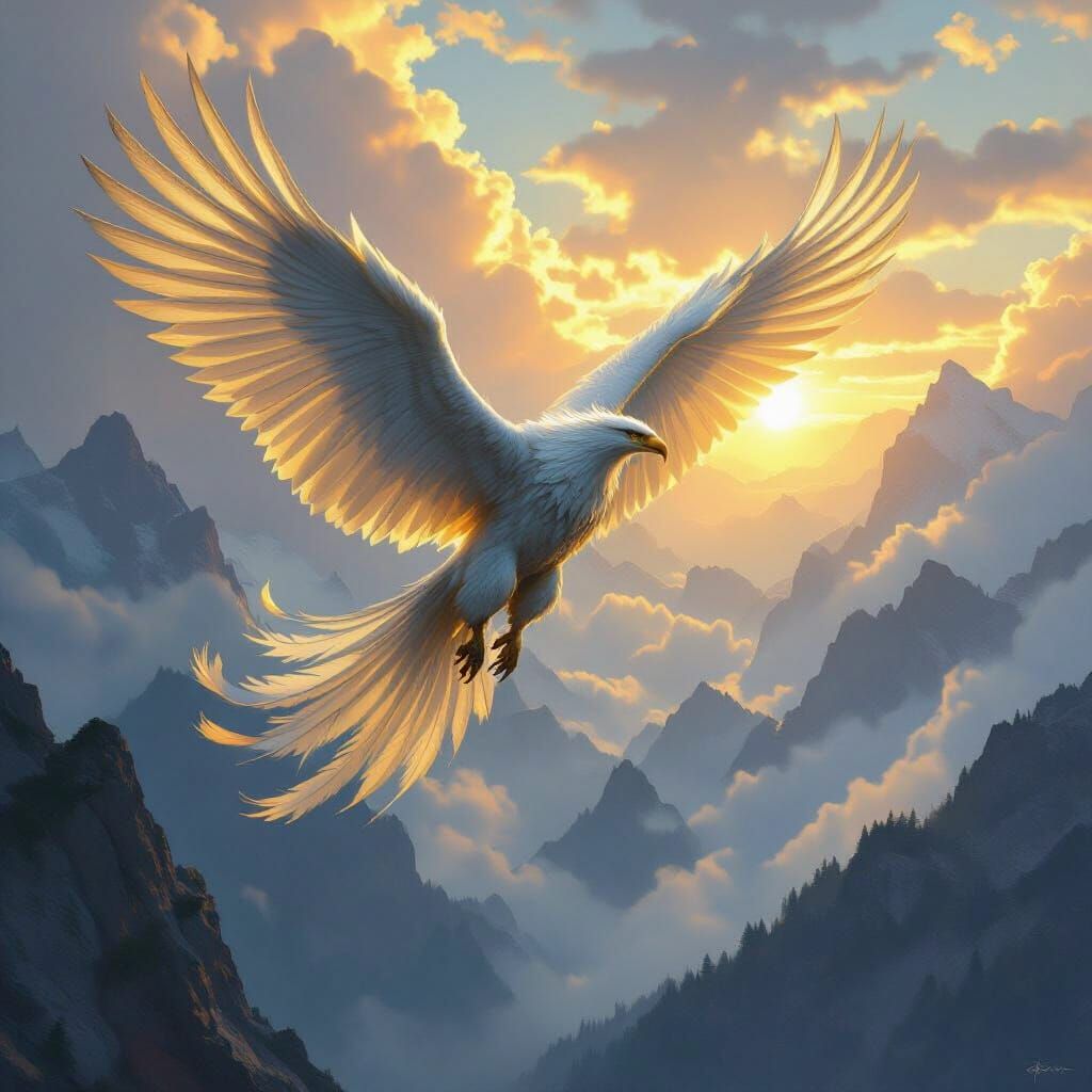 Griffin Soaring Above Misty Mountains in Matte Painting Styl...