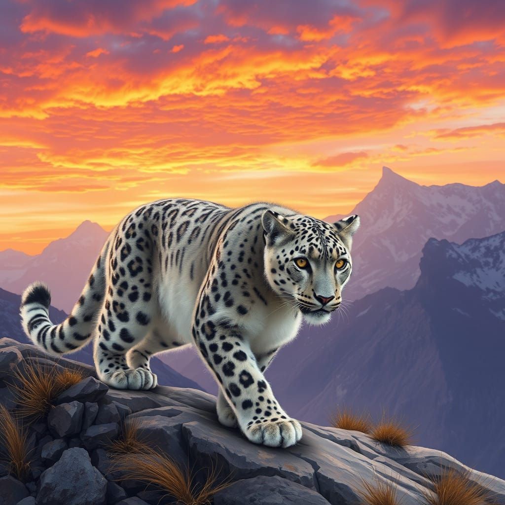 Snow Leopard Amidst Vibrant Sunset Splendor