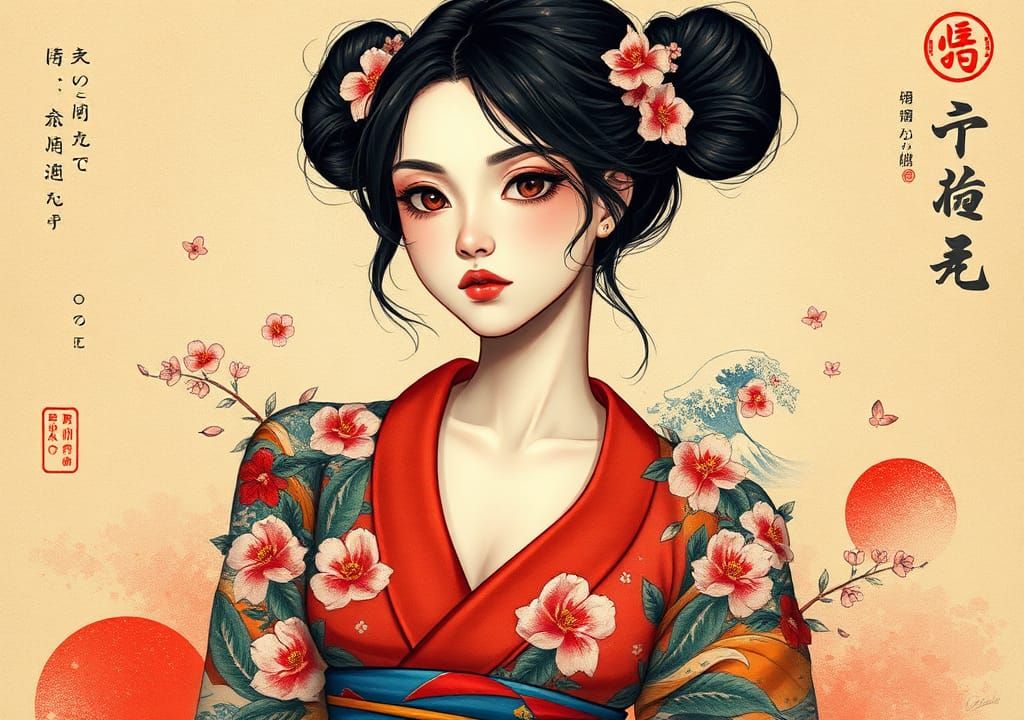 Tattooed Woman in Kimono: Japanese-Inspired Digital Art