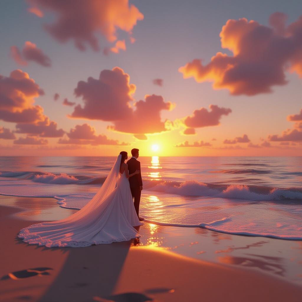 Golden Hour Beach Wedding Ceremony in 3D Game Cinematic Styl...