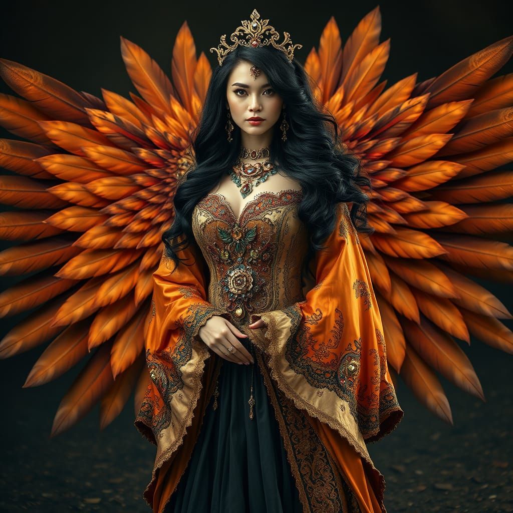 Regal Woman in Baroque Fantasy Costume with Feathered Fan