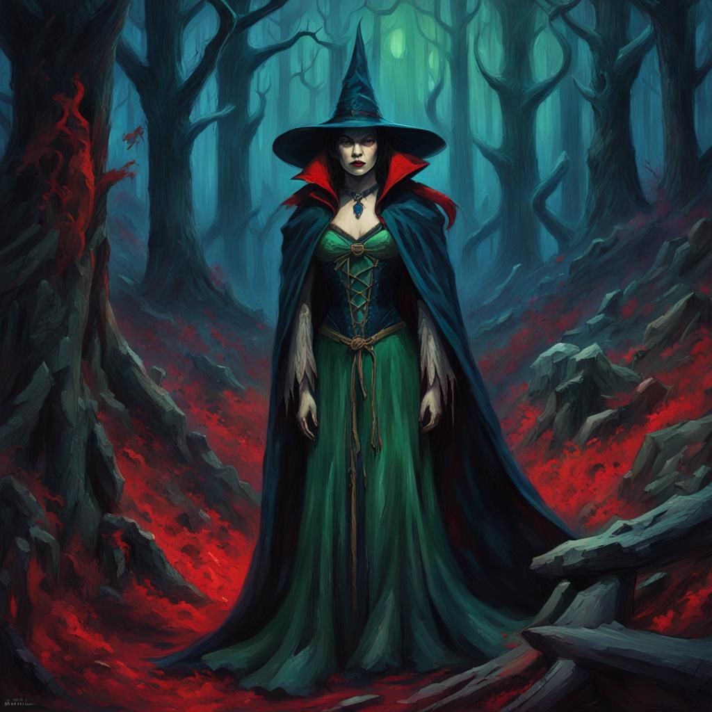 Vampirella as Witch in Dark Forest Oil Painting
