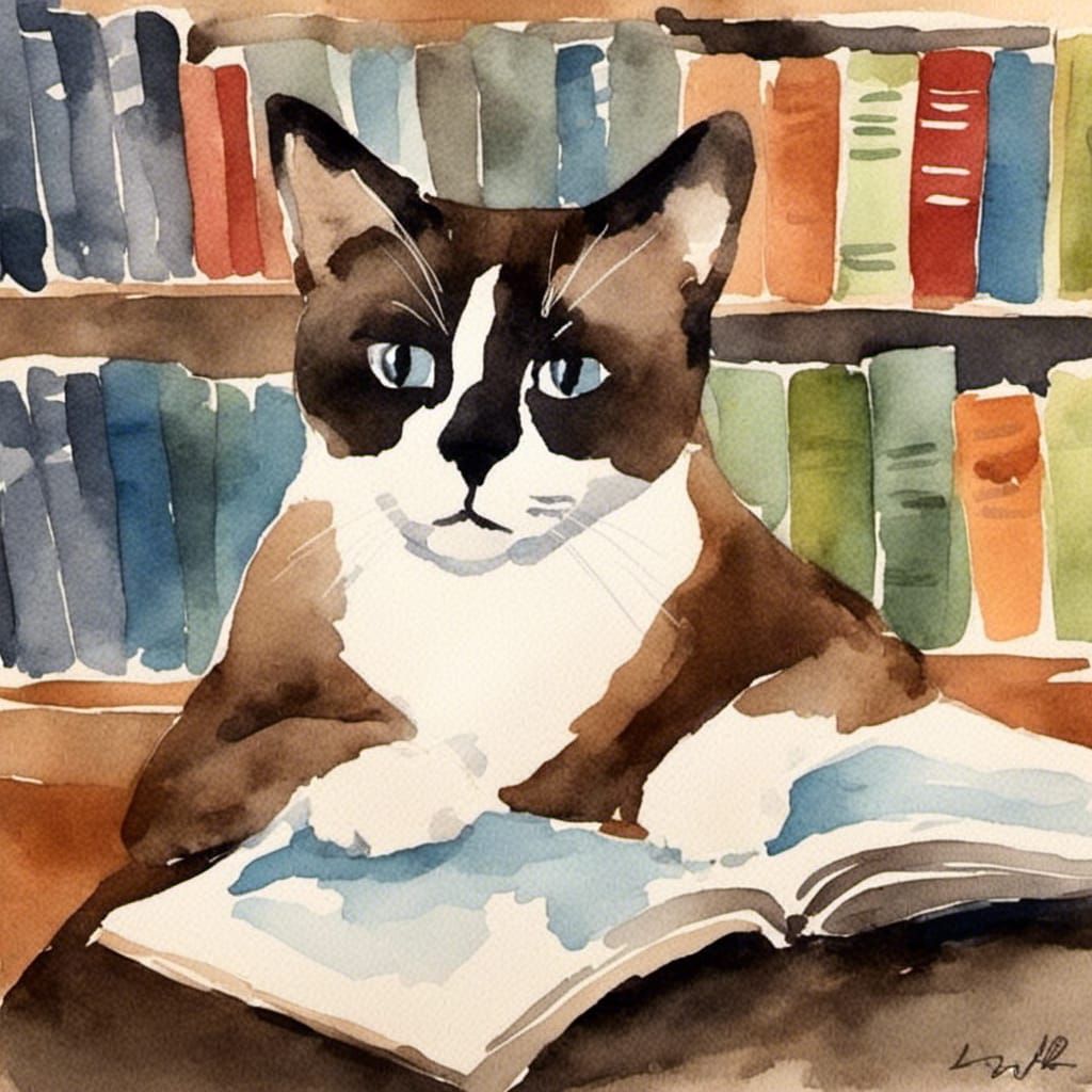 Cat Portrait Reading in Library, Watercolor Style