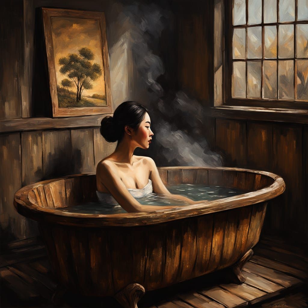 Korean Woman in Vintage Bathtub, Impasto Oil Painting