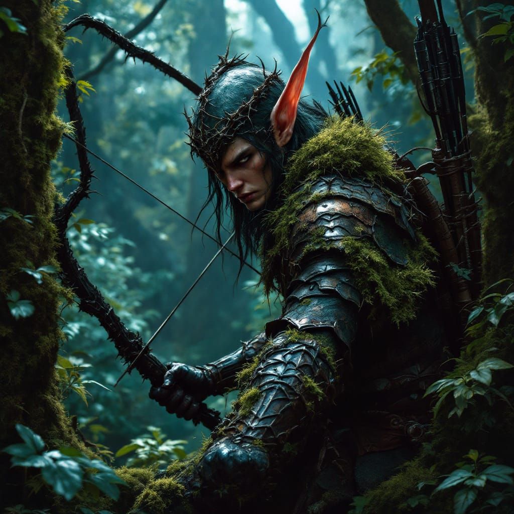 Elf Ranger Stalks Forest Prey in Hyperrealistic Digital Pain...