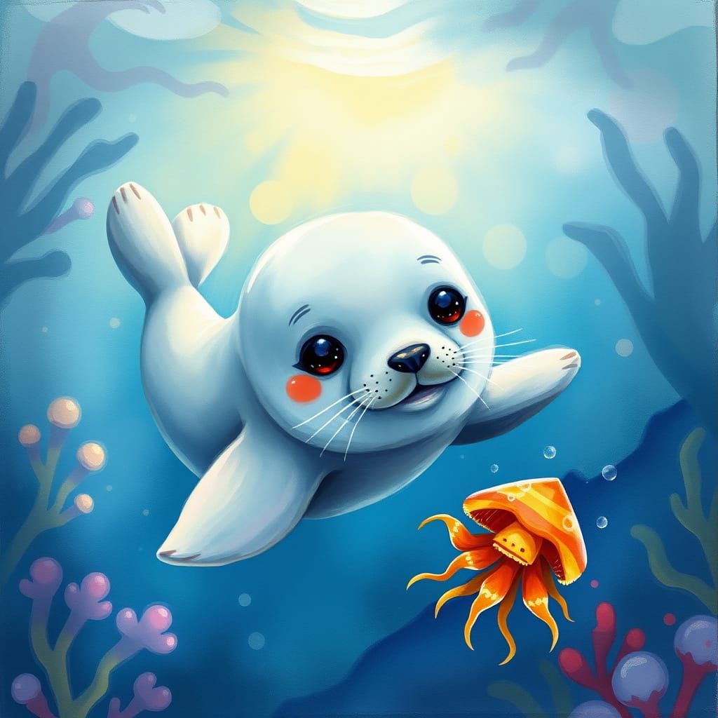 Baby Seal Plays with Jellyfish in Vibrant Ocean