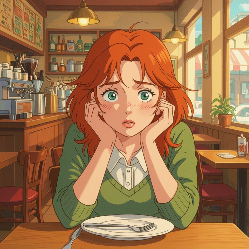 Anxious Redhead in Ghibli-Inspired Cafe Scene
