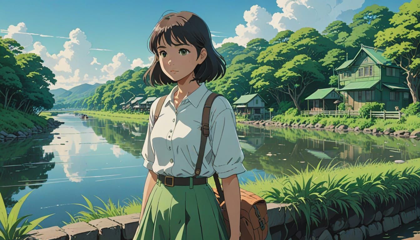 Anime Girl in Whimsical River Scene