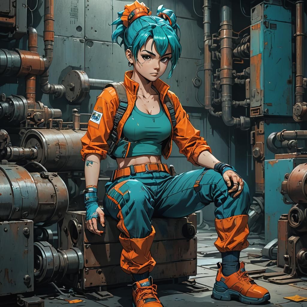 Bulma in Cyberpunk Industrial Setting Concept Art