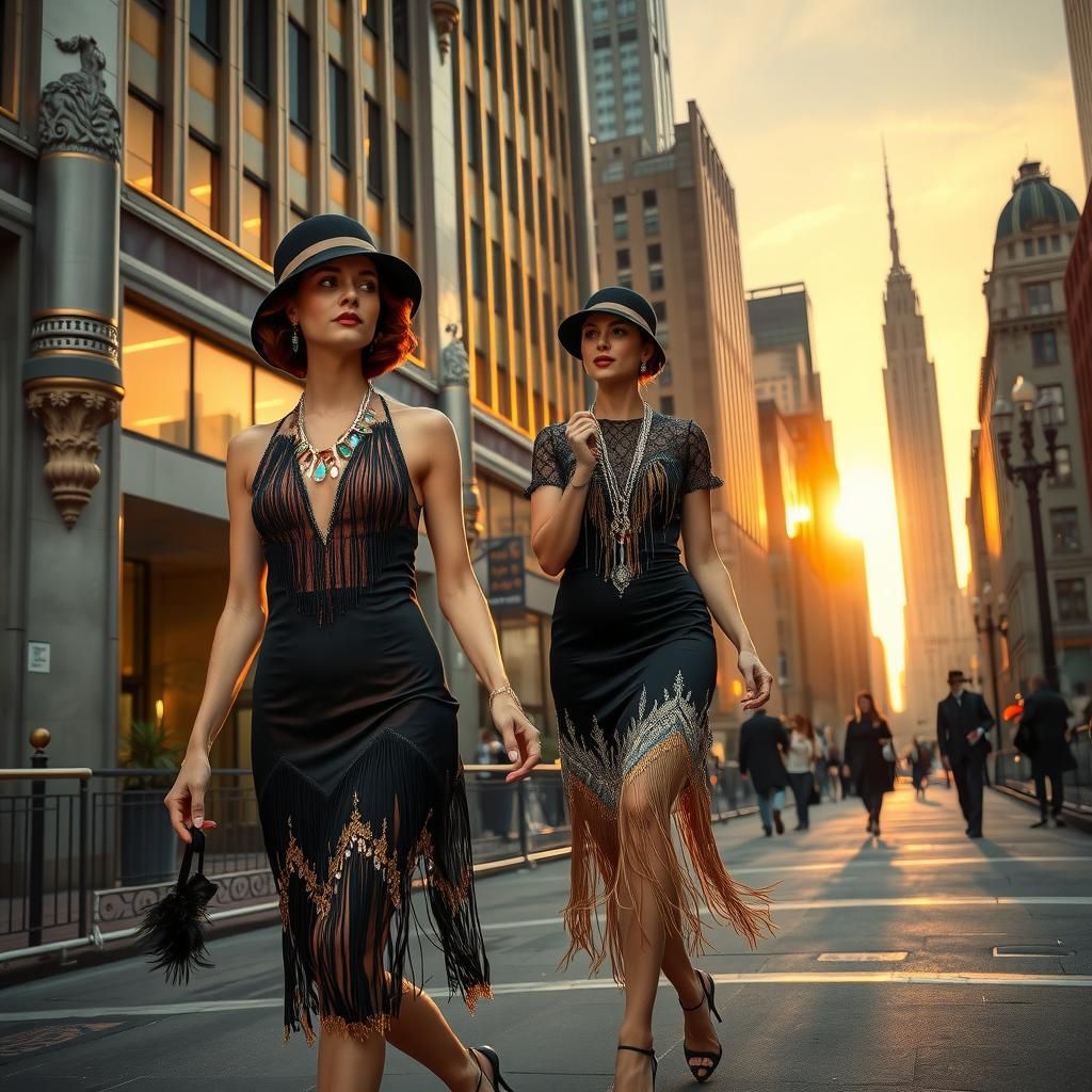 Flapper Women Strolling Down Art Deco Street