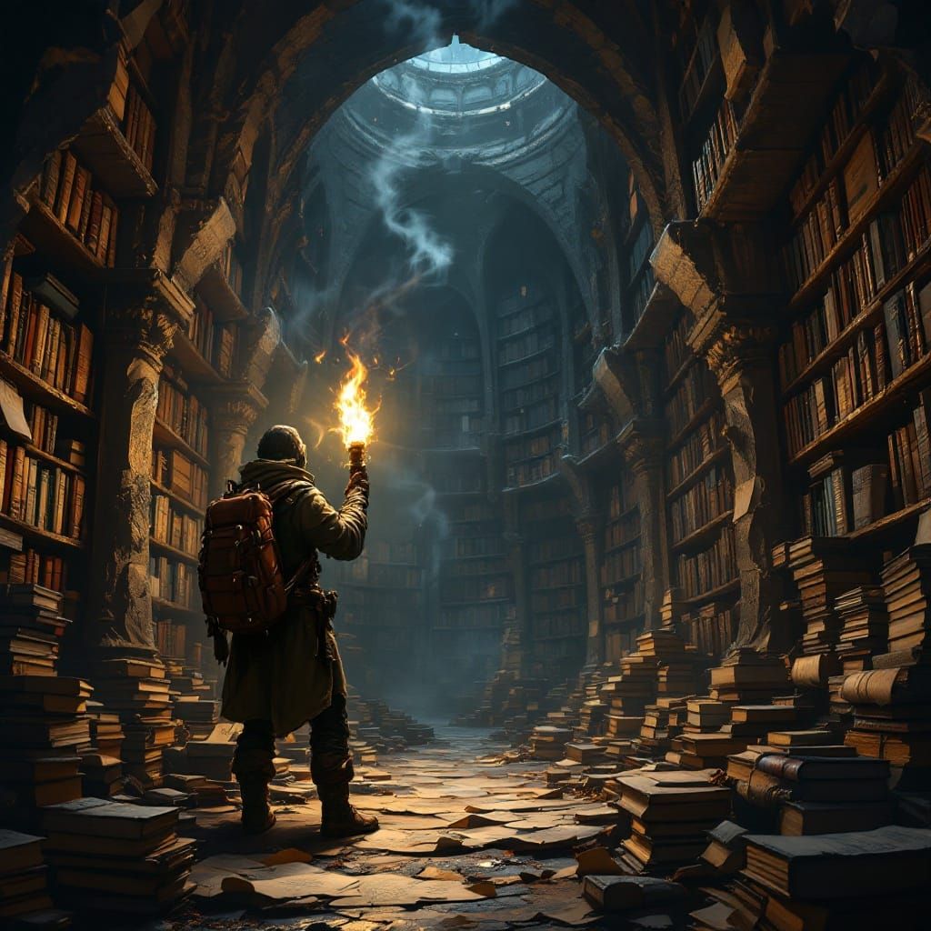 Epic Ancient Library Entrance in Mysterious Atmosphere