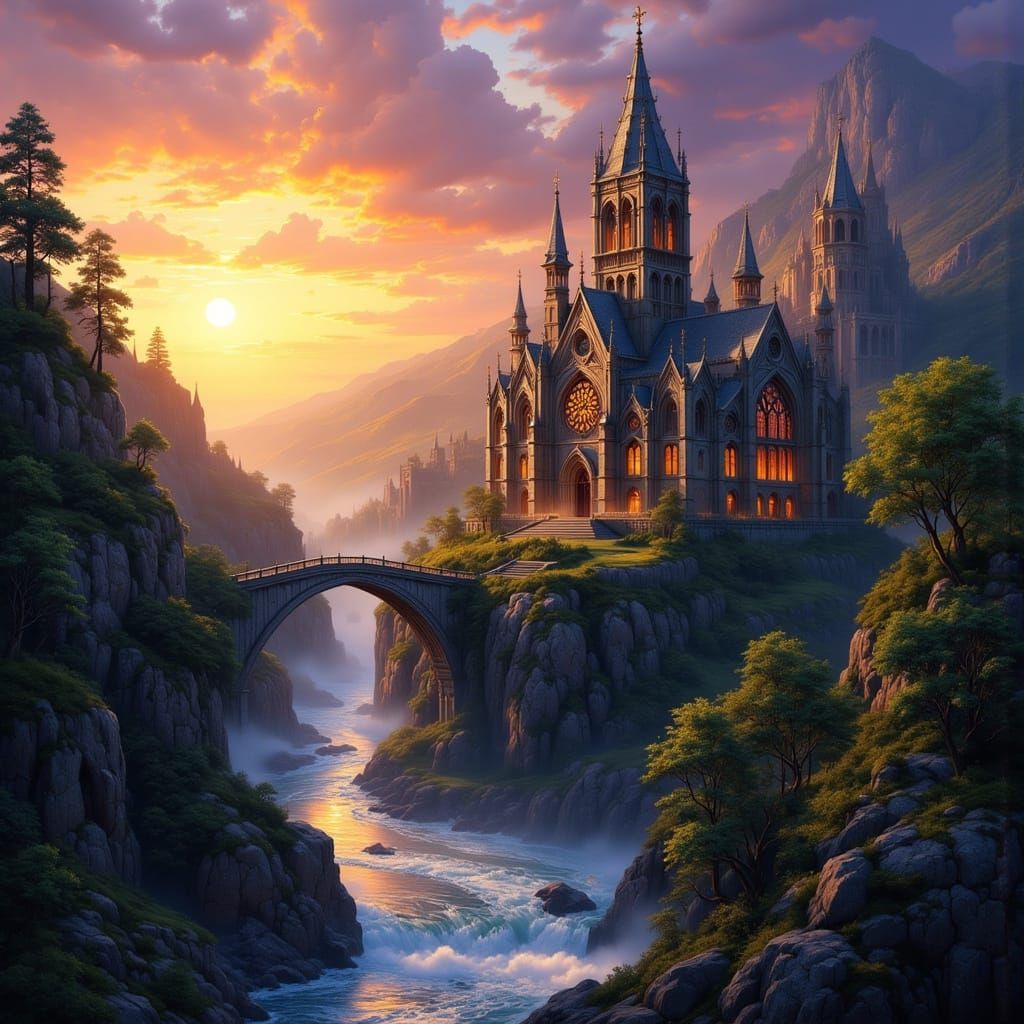 Gothic Basilica in Canyon at Sunset