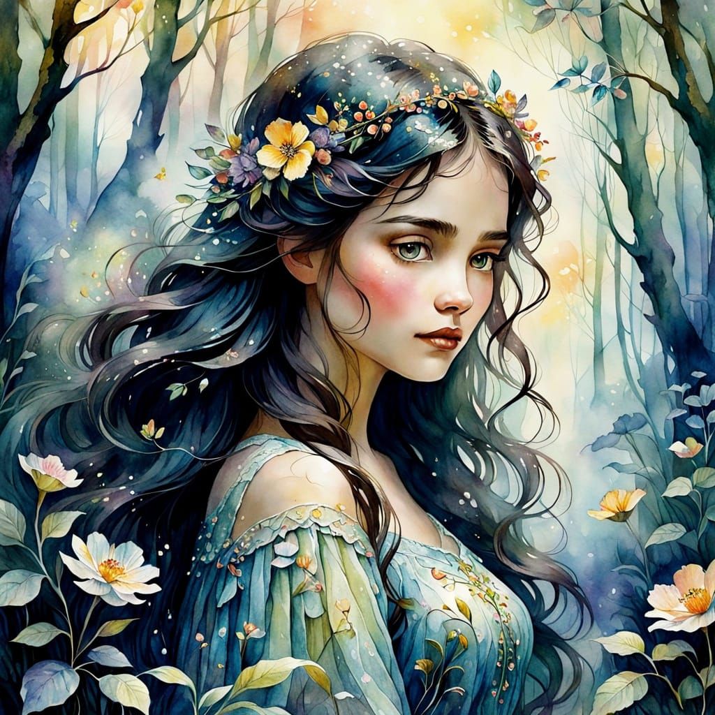  Beautiful maiden with dark hair in a mystical forest.