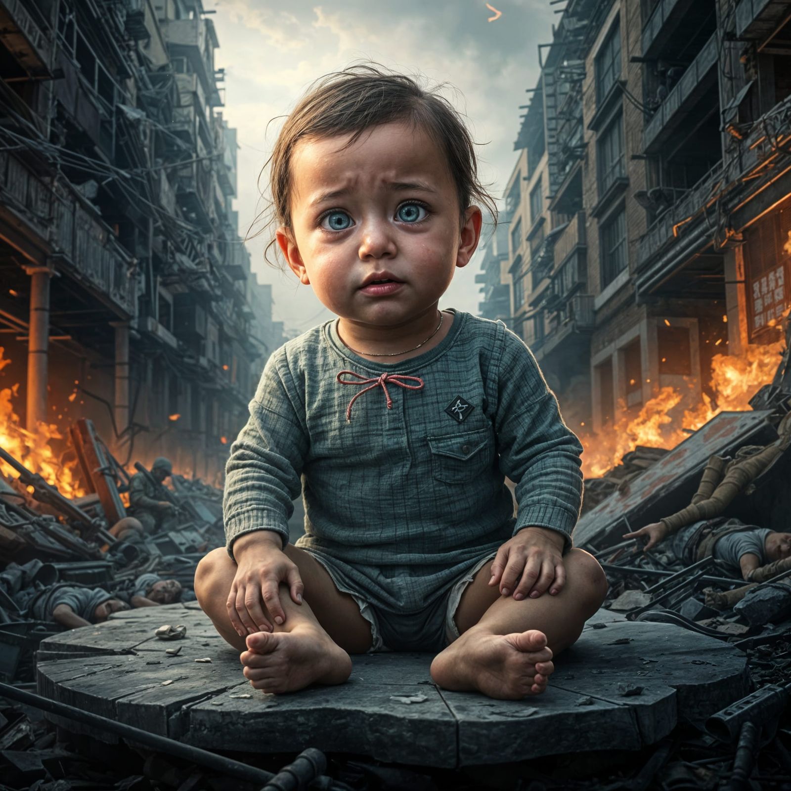 Hyperealistic Dystopian Baby in War-Torn City