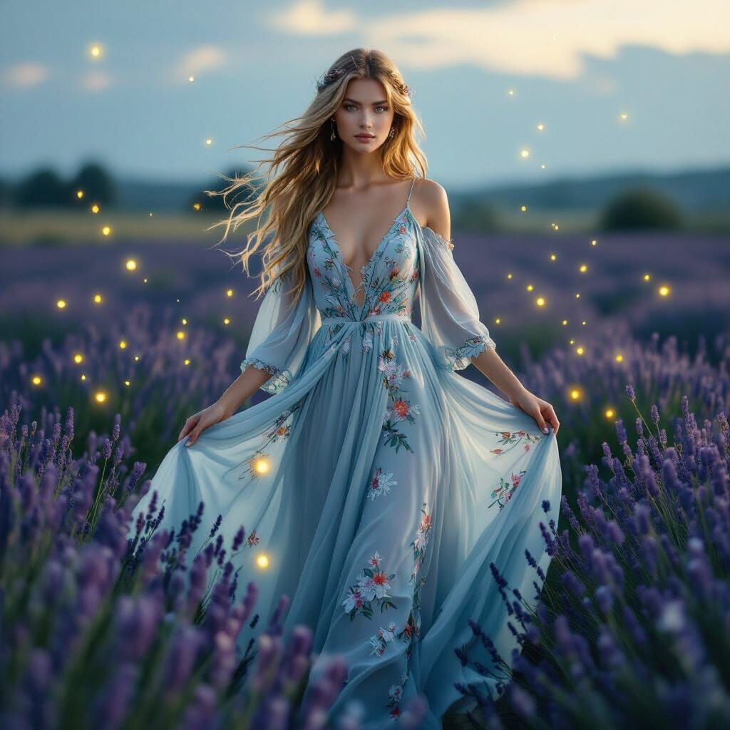 Woman in Lavender Field with Fireflies: Hyperrealistic Impre...