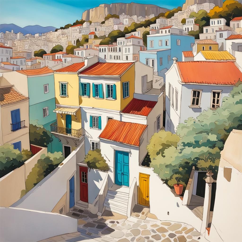 Colorful House in Athens: Gouache Architectural Sketch