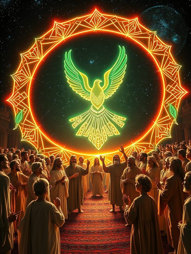 Neon-Lit Dove Descends on Disciples in Israelite City