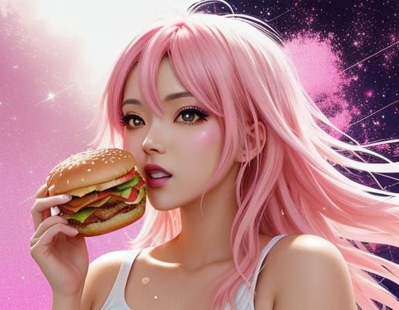 Anime Girl Eats Hamburger in Glittery Splash Art Style