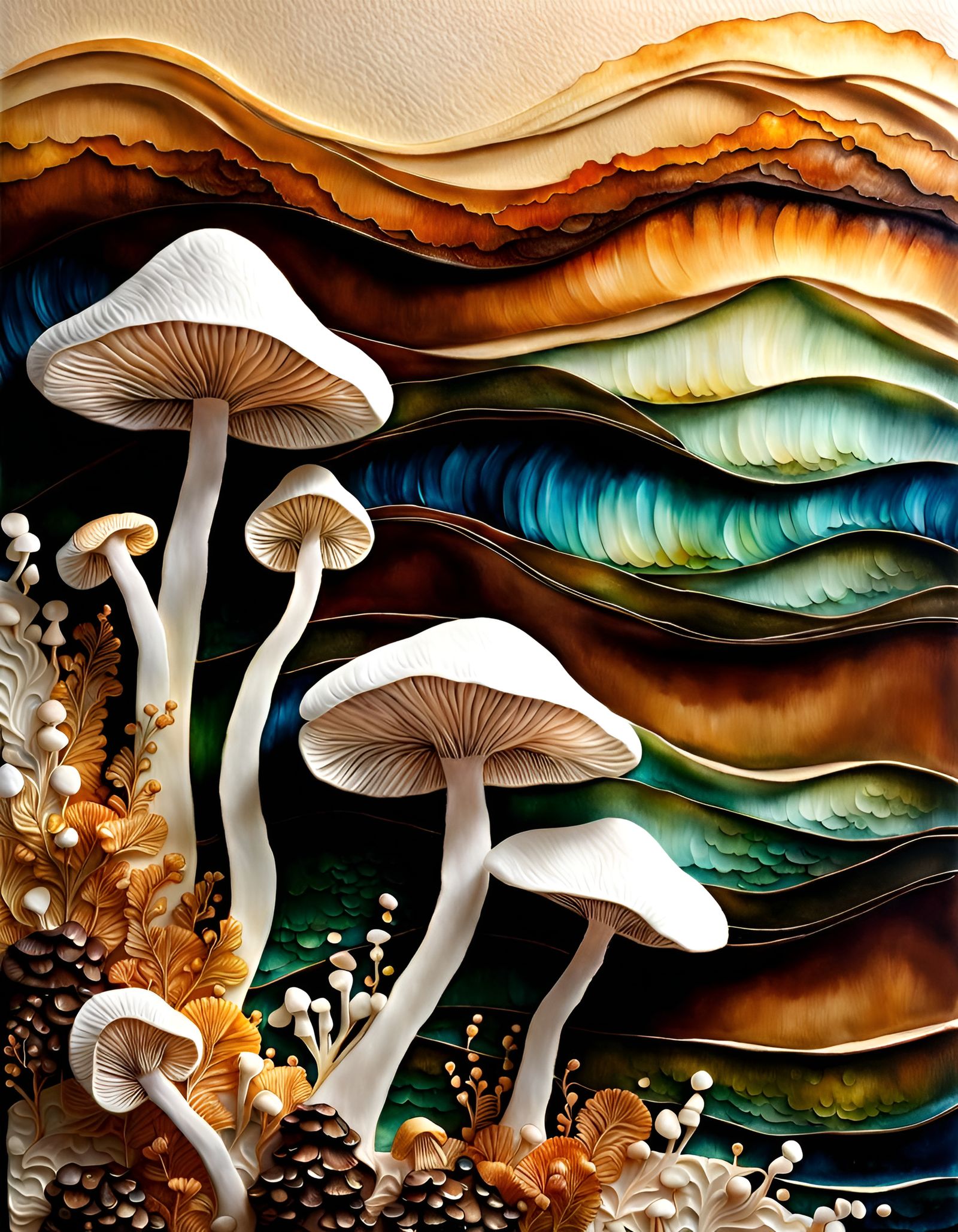 Earthy Neutral Crinkle Tissue Mushrooms with Alcohol Ink