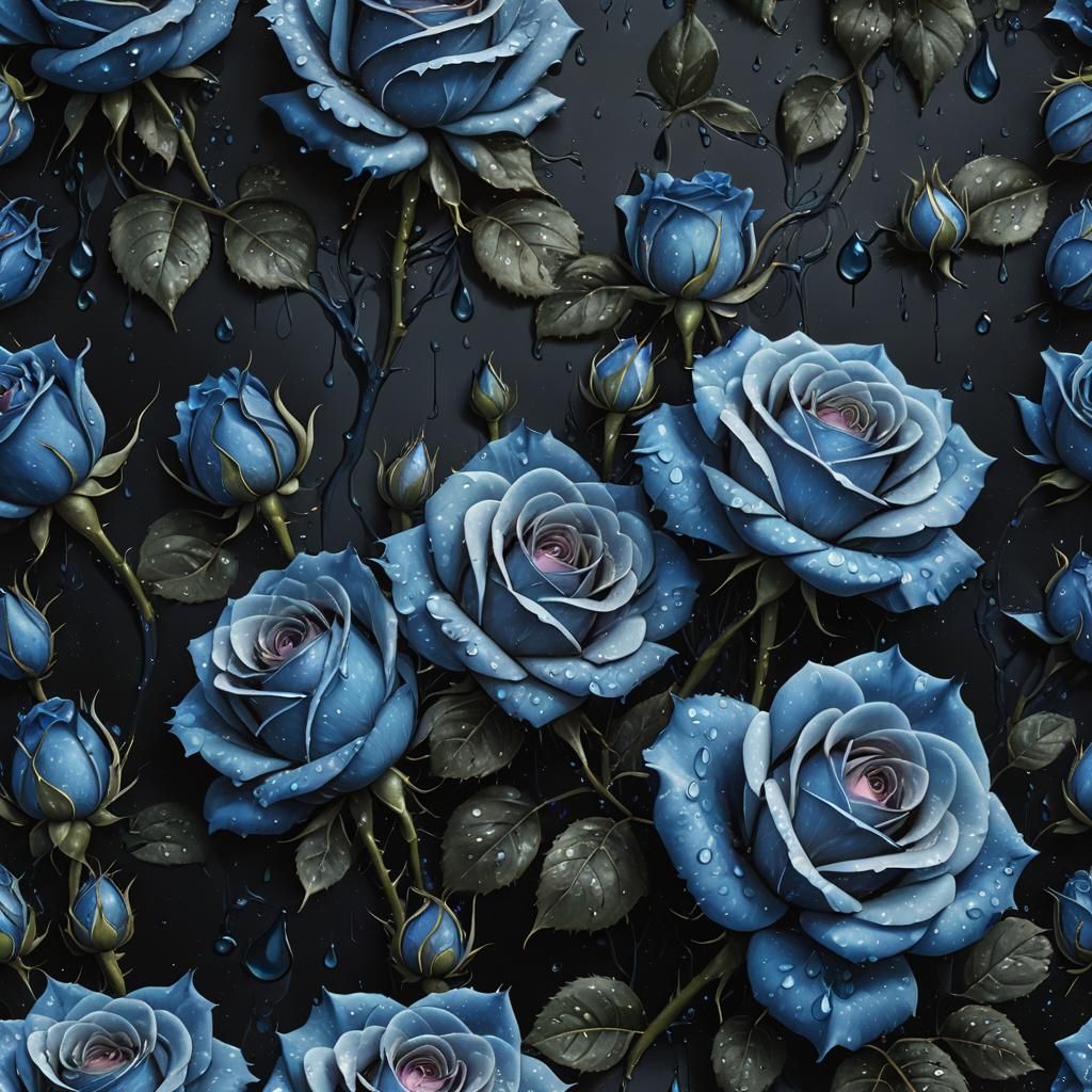Blue Roses with Water Droplets: Digital Art
