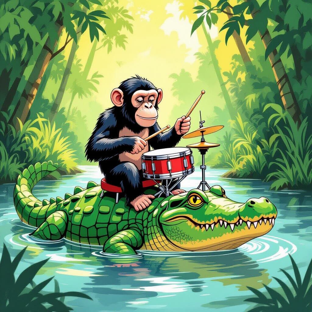 Chimpanzee Drummer on Crocodile in Jungle River