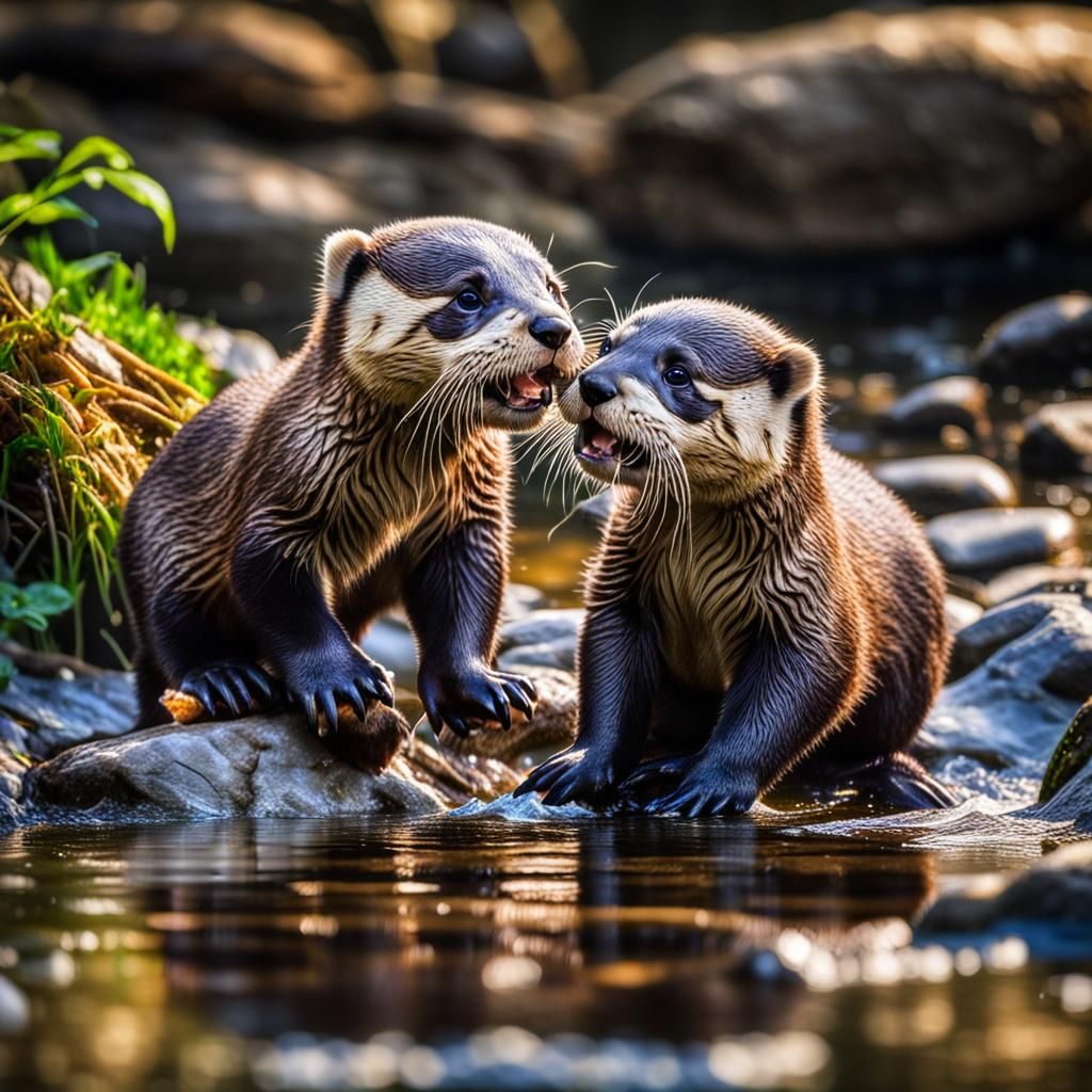 Playful Otters and Curious Panda in Hyperrealistic Style