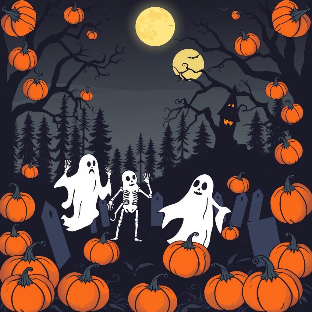 Vintage Silhouette Cartoon of Graveyard Scene at Full Moon