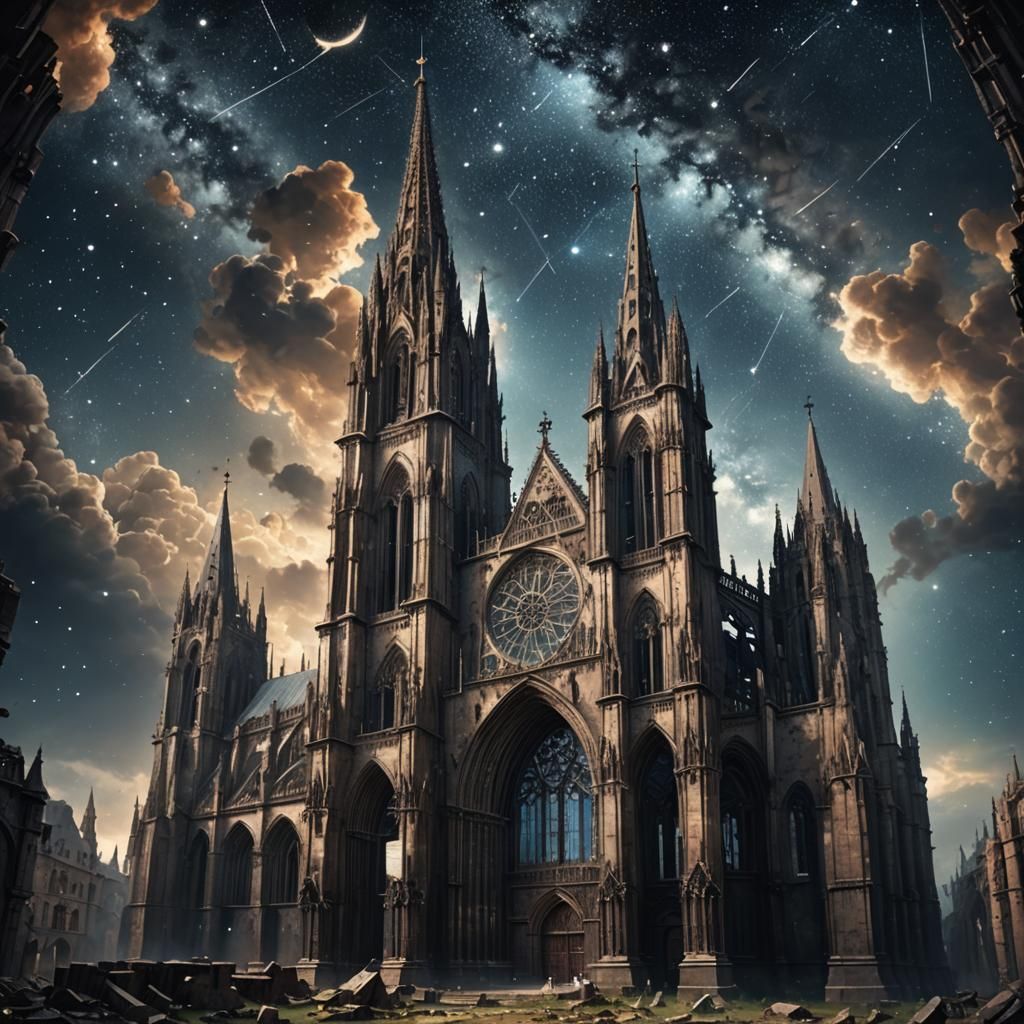 Starry Gothic Cathedral Ruins: Digital Matte Painting