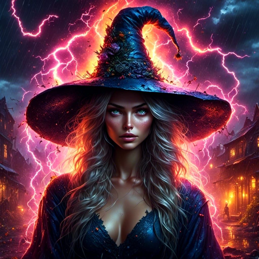 Surreal Witch in Twilight Thunderstorm with Lightning