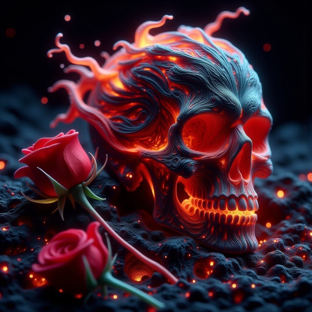 Flaming Skull with Rose in Dark Digital Art