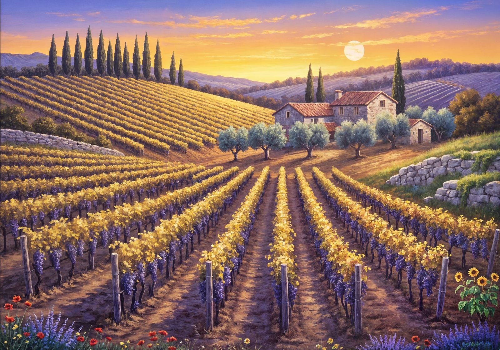 Tuscan Vineyard Landscape at Sunset in Autumn