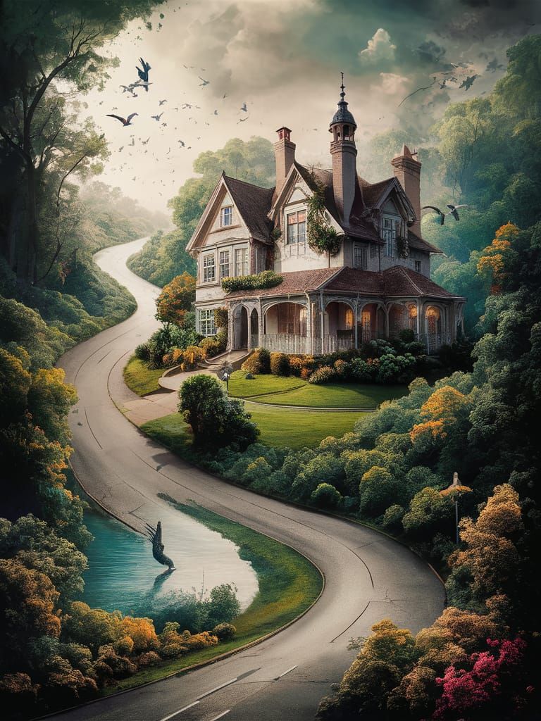 Surreal Aerial Country House in Fantasy Landscape