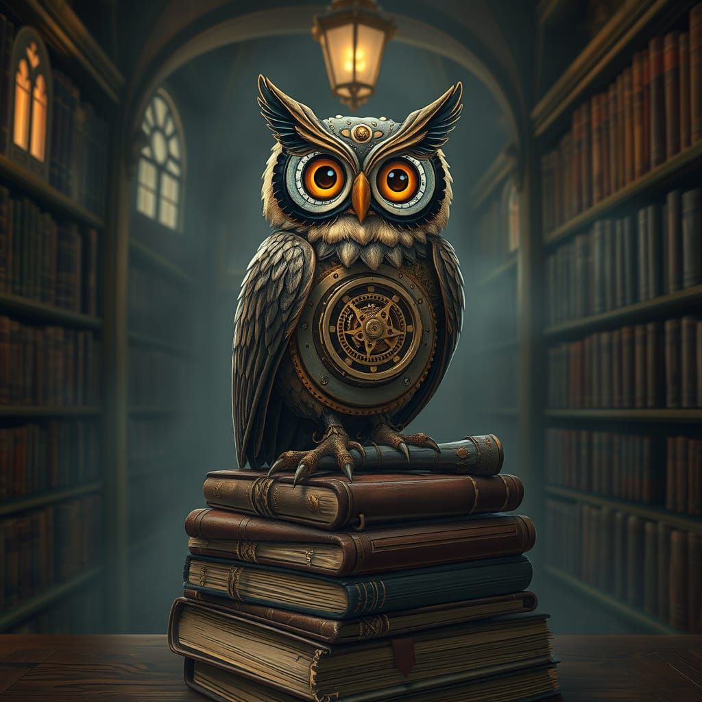 Clockwork Owl on Books in Magical Library