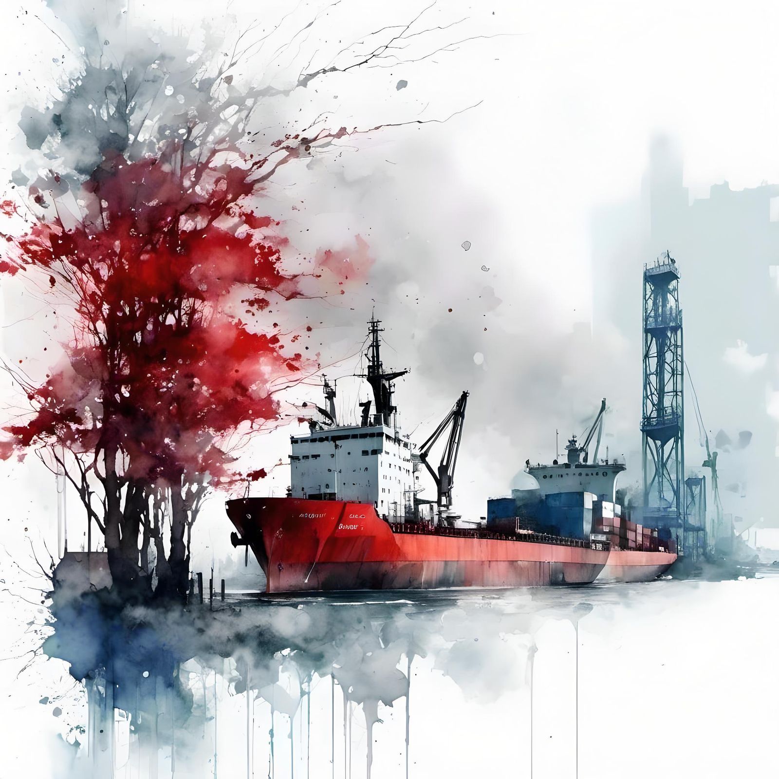 Freight Port in Alcohol Ink Watercolor Style