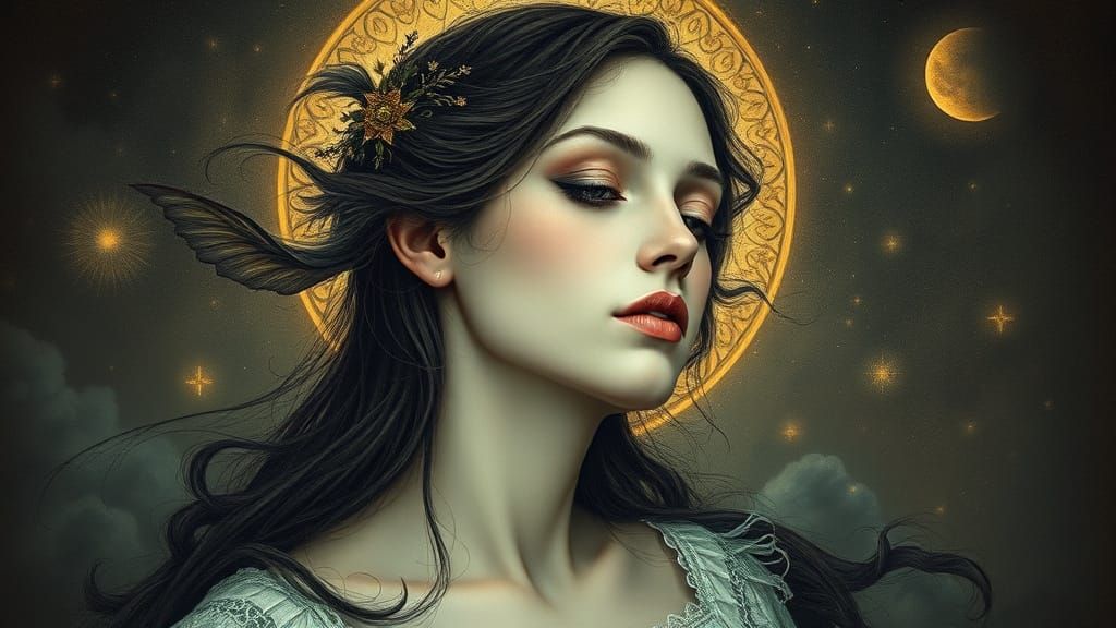 Ethereal Dream Goddess in Whimsical Art Nouveau Style