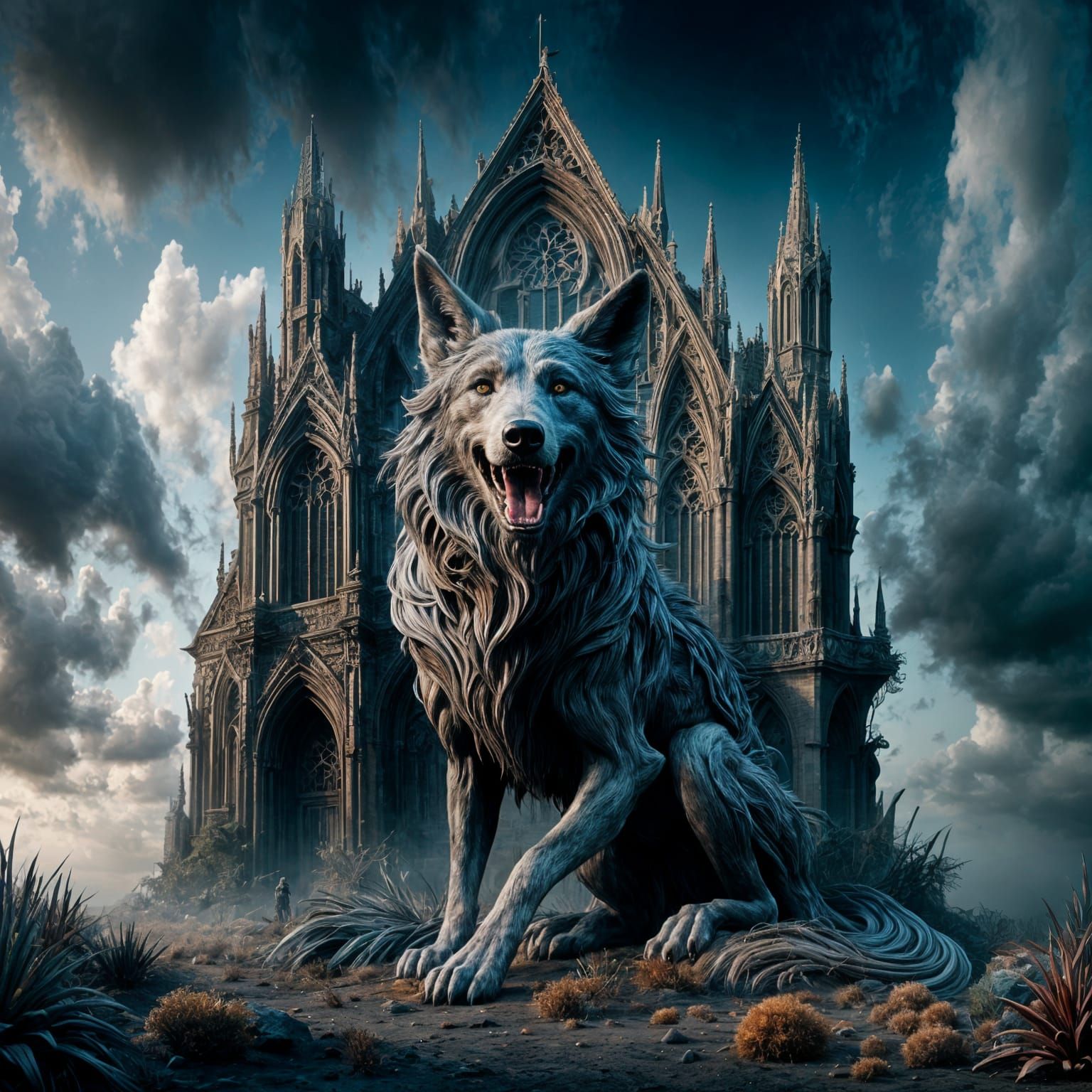 Wolf at Ruined Cathedral Entrance