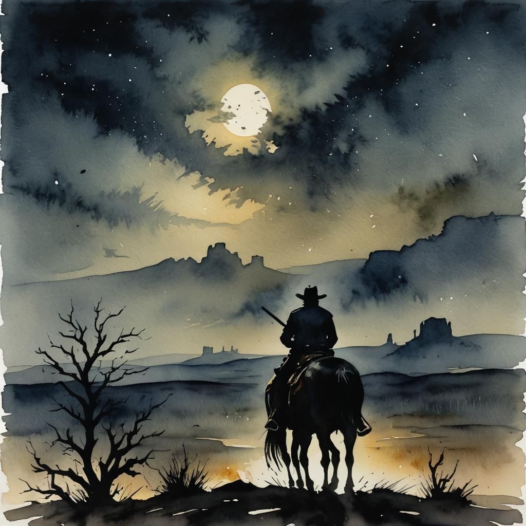 Sinister Cowboy Silhouette Watercolor Painting